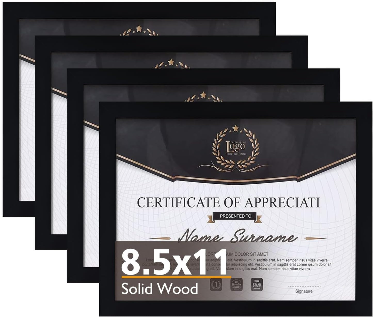 KINLINK 8.5x11 Picture Frames Black, Solid Wood Diploma Frames with Acrylic Plexiglass for Pictures, Certificate Degree Document Frame Tabletop and Wall Display, Set of 4