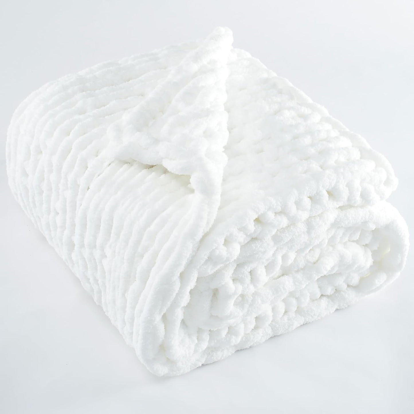 Chunky Knit Throw Blanket 60"X 80", 100% Handmade with Soft Chenille Yarn, 6.7lbs Thick Cable Knitted Blankets, Large Rope Knot Crochet Throws for Couch Sofa Bed Home Decor, Snow White