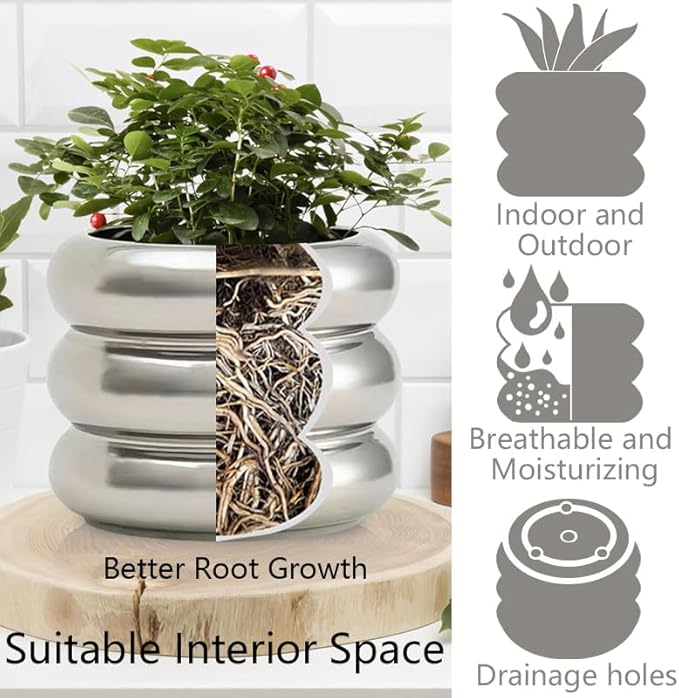 Modern Plant Pot 6.5 Inch Silver Ceramic Planters for Indoor Plants Planter Pots with Drainage Holes Small Ceramic Pots Bubble Flowerpot for Home & Office Decor