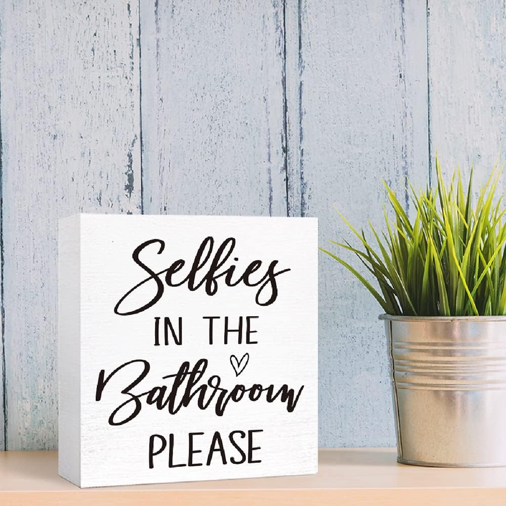 Funny Bathroom Wood Sign Selfies in the Bathroom Please Wood Block Sign for Bathroom Shelf Toilet Restroom Home Tabletop Desk Decor,Farmhouse Bathroom Wooden Box Sign