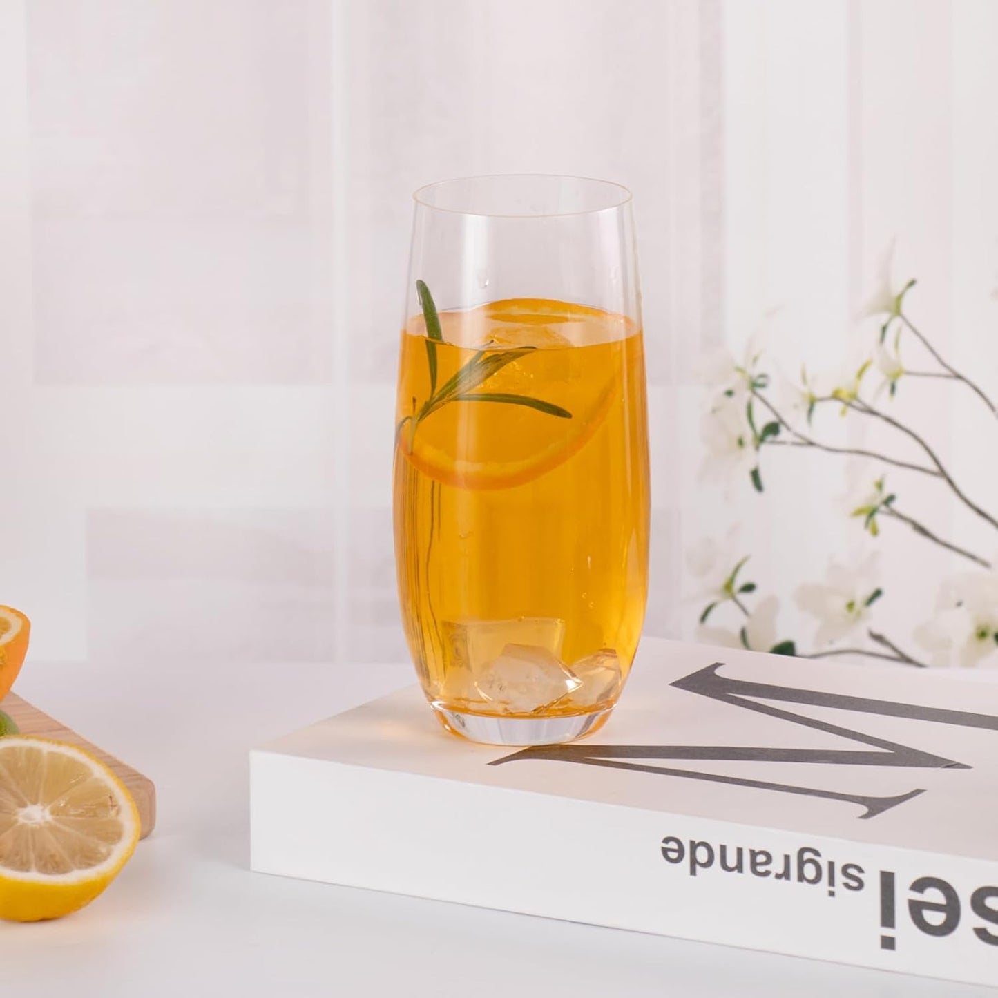 KAMMAK Drinking Glasses Set of 2, 15oz Crystal Water Glasses, Everyday Tall Glass Cups, Highball Glass for Cocktail, Juice, Mojito, Iced Tea, Kitchen and Bar Glassware Gifts, Collins Glasses