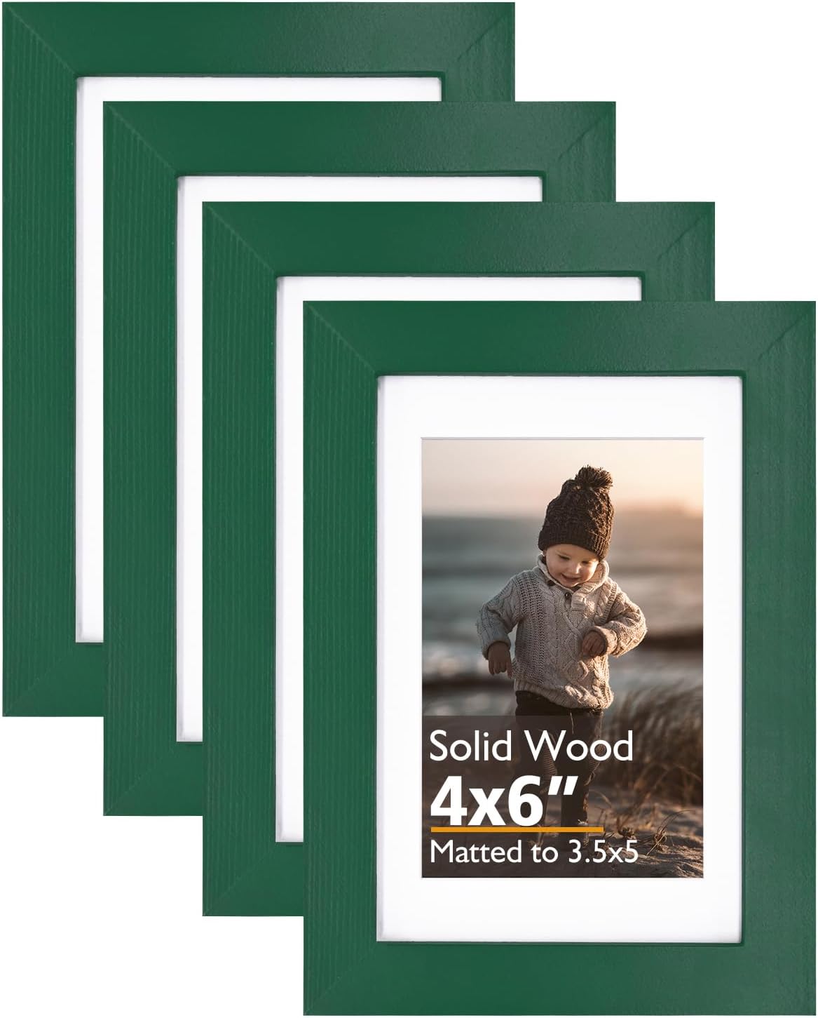 KINLINK 4x6 Frame Green, Solid Wood 4 x 6 Picture Frame with Acrylic Plexiglass for 3.5x5 with Mat, Tabletop and Wall Display Photo Frames 4x6 Green, 4 Pack