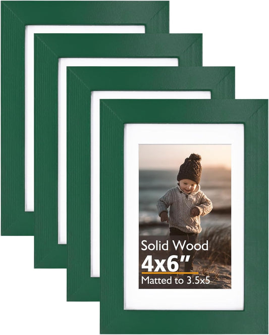 KINLINK 4x6 Frame Green, Solid Wood 4 x 6 Picture Frame with Acrylic Plexiglass for 3.5x5 with Mat, Tabletop and Wall Display Photo Frames 4x6 Green, 4 Pack