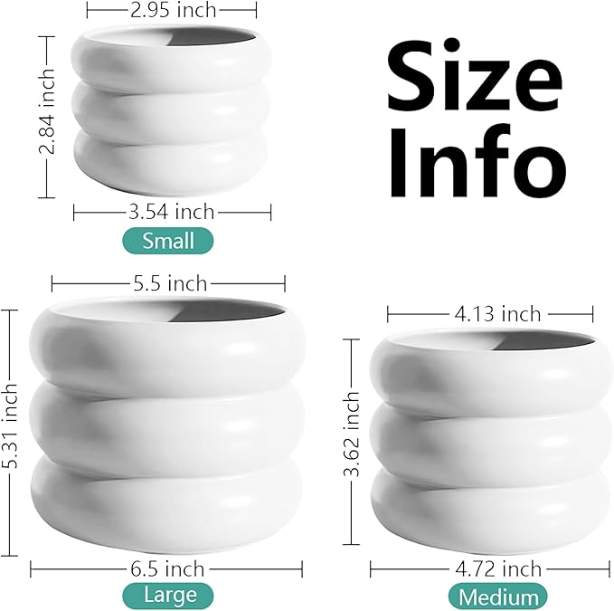 3 Piece Modern Ceramic Planter, 6.5/4.7/3.5 Inch White Plant Pot Set of 3 Unique Planters for Outdoor Indoor Flower Pots Set Plants with Drainage Holes Home & Office Decor with Mesh Pad