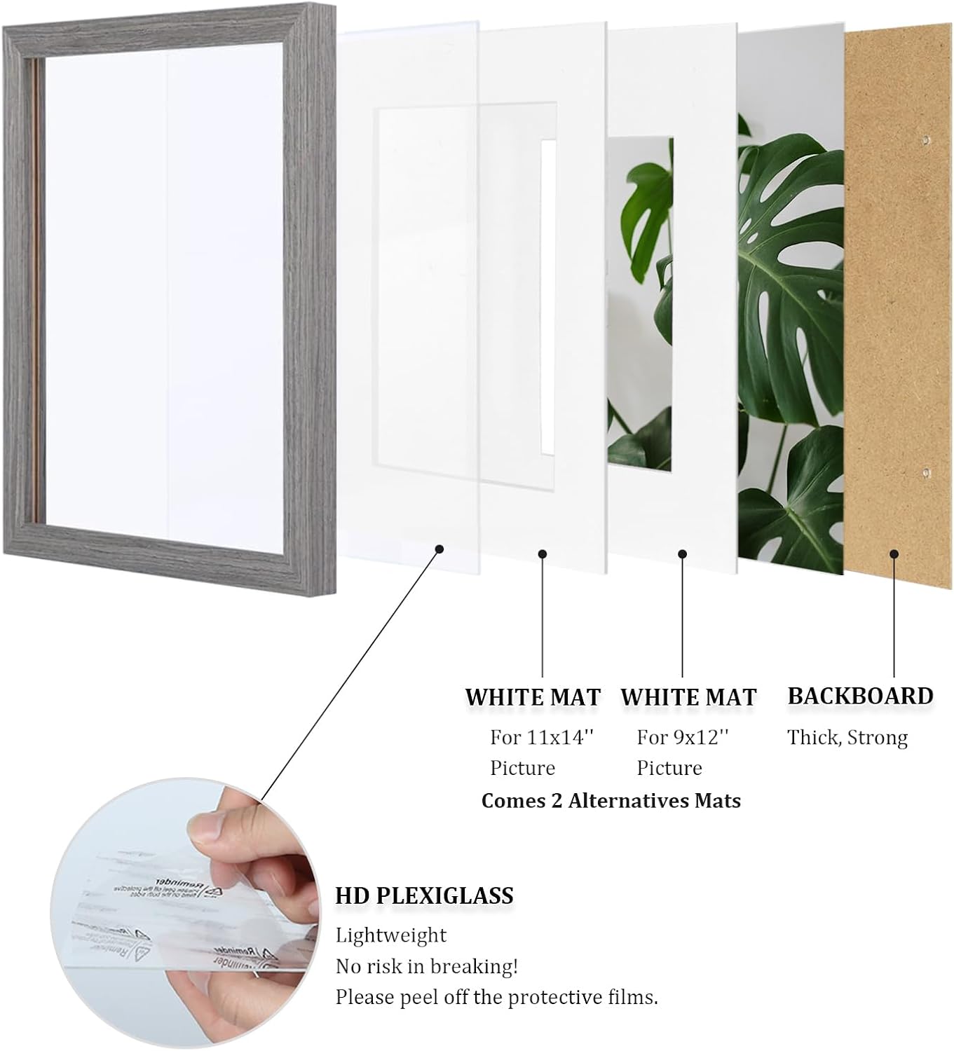 Egofine 12x16 Picture Frames Set of 4, Made of Solid Wood Covered by Plexiglass 9x12 and 11x14 with Mat or 12x16 without Mat, for Wall Mounting Photo Frame Light Grey