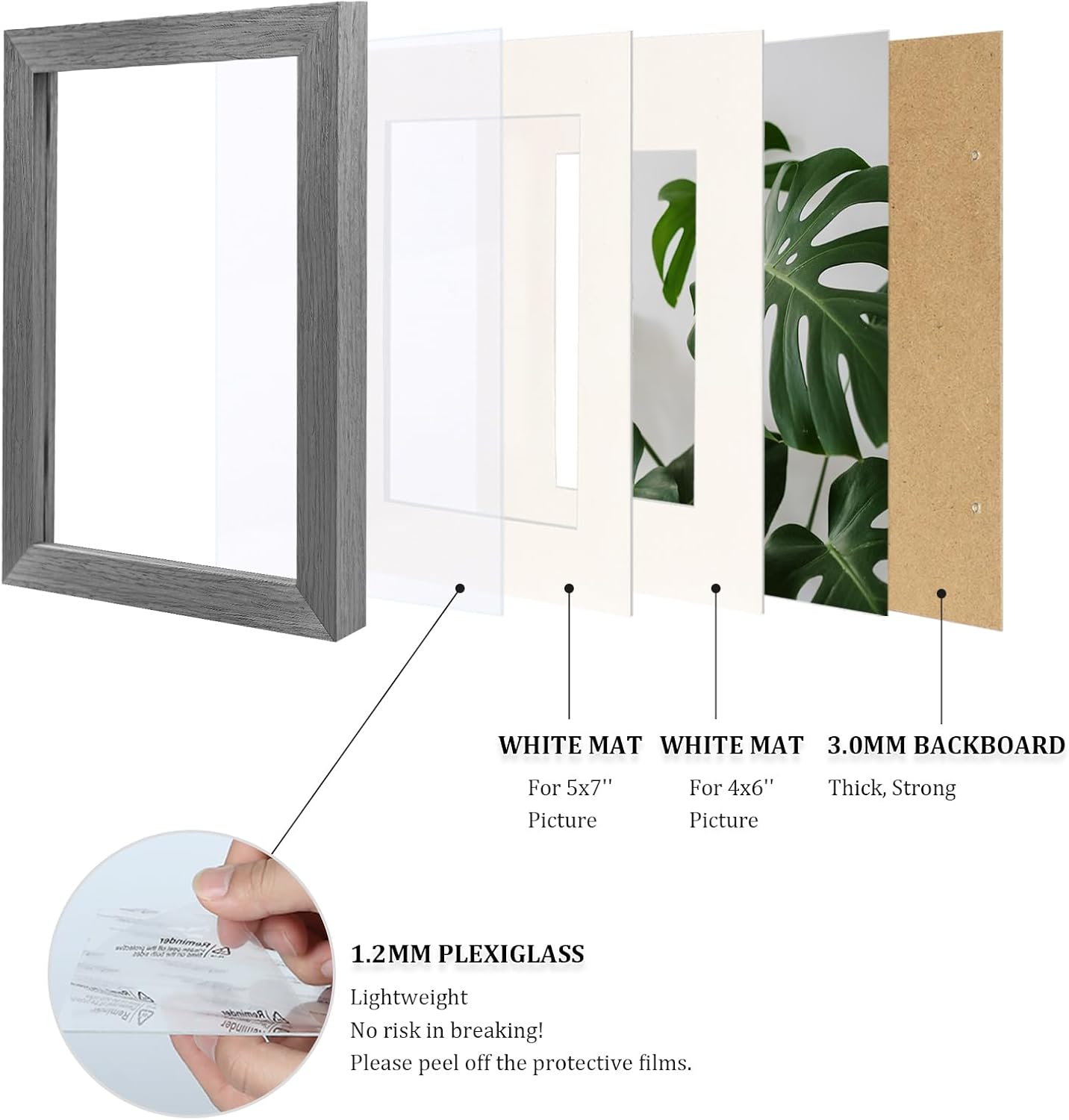 Egofine 6x8 Picture Frames Set of 4, Made of Solid Wood Covered by Plexiglass 4x6 and 5x7 with Mat or 6x8 without Mat, for Table Top Display and Wall Mounting Photo Frame Light Grey