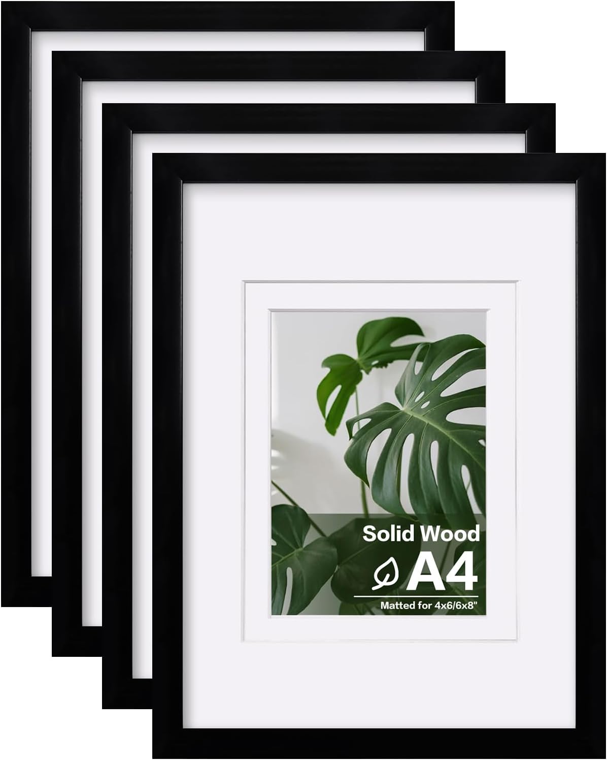 Egofine A4 Picture Frames Set of 4, Made of Solid Wood Covered by Plexiglass 4x6 and 6x8 with Mat or A4 whitout Mat, for Table Top Display and Wall Mounting Photo Frame Black