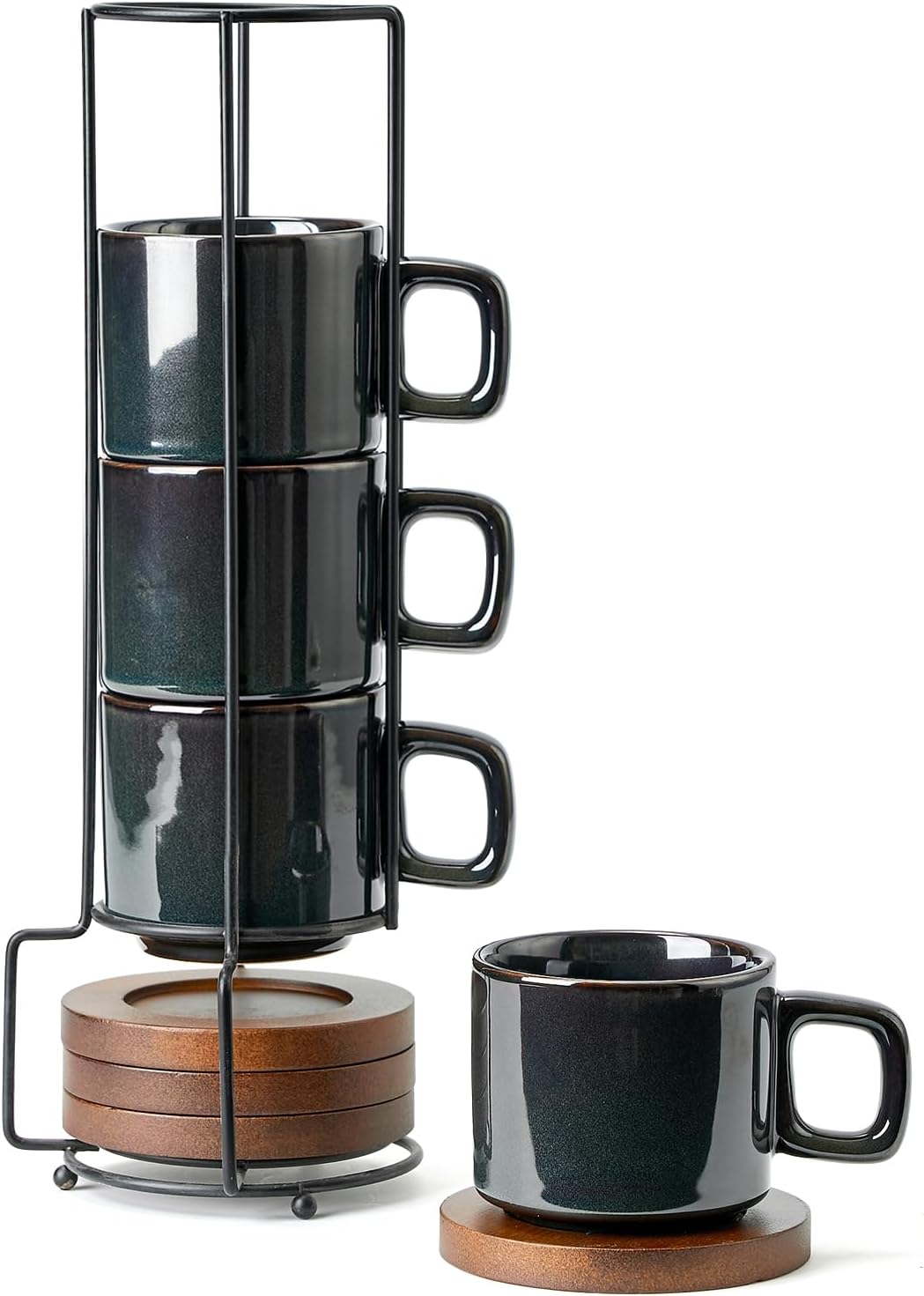 LUKA Porcelain Stackable Espresso Cups with Saucers and Metal Stand, 4 Ounce Small Ceramic Demitasse Cups Set for Latte, Specialty Coffee Drinks, Cafe Mocha,Tea - Set of 4, Reactive Dark Green