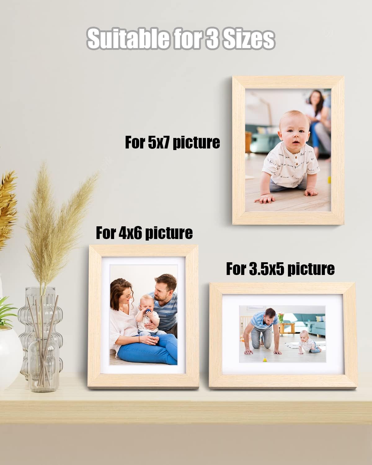 Egofine 5x7 Picture Frames Set of 4, Made of Solid Wood Covered by Plexiglass 3.5x5 and 4x6 with Mat or 5x7 without Mat, for Table Top Display and Wall Mounting Photo Frame Oak Wood