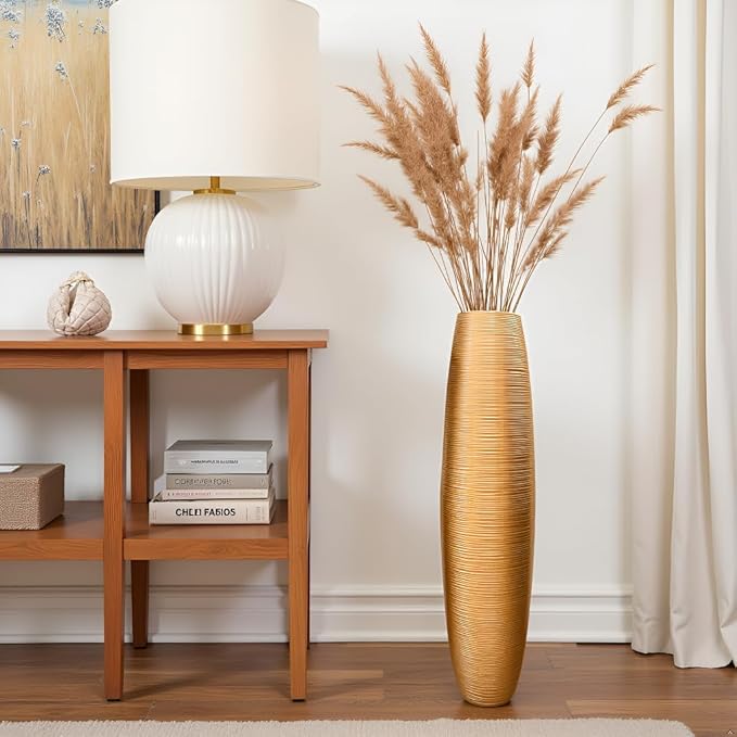 Tall Floor Vase, 27.5 inches (70cm, 2.3FT) Tall Vases Sturdy, Luxury, Textured for Decorative Branches Dried Flowers, Floor Vase for Rustic Living Room, Shelf Decor, Resin Gold