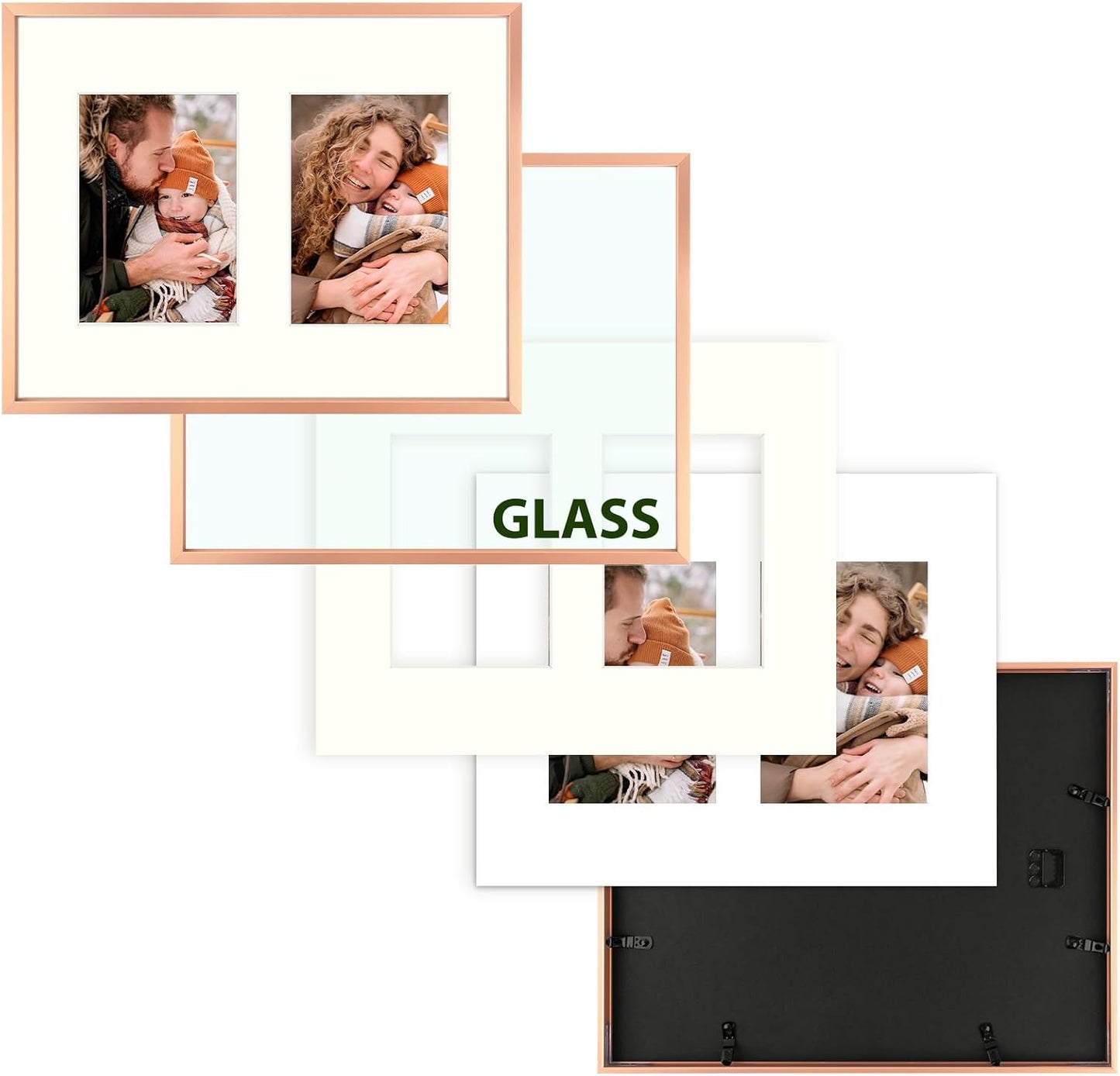 Frametory - 11x14 Aluminum Collage Picture Frame - Display 5x7 Pictures with 2 Openings Mat - Real Glass Front - Horizontal/Vertical Wall Mount - Rose Gold 1 Pack