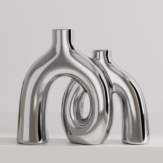 Hug Donut Decorative Vase Set - Silver Vase, Modern Nordic Boho Style Vases Home Decor, Matte Ceramic Decorations for Living Room Shelf, Bookshelf Mantle Entryway Table or Console Décor (Silver)