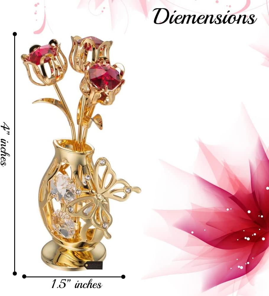 Matashi 24K Gold Plated Crystal Studded Flower Ornament in a Vase w Decorative Butterfly (Red Crystals) – Stunning Home Decor Showpiece, Gift for Mom, Wife, Grandma – Ideal for Mother’s Day, Christmas