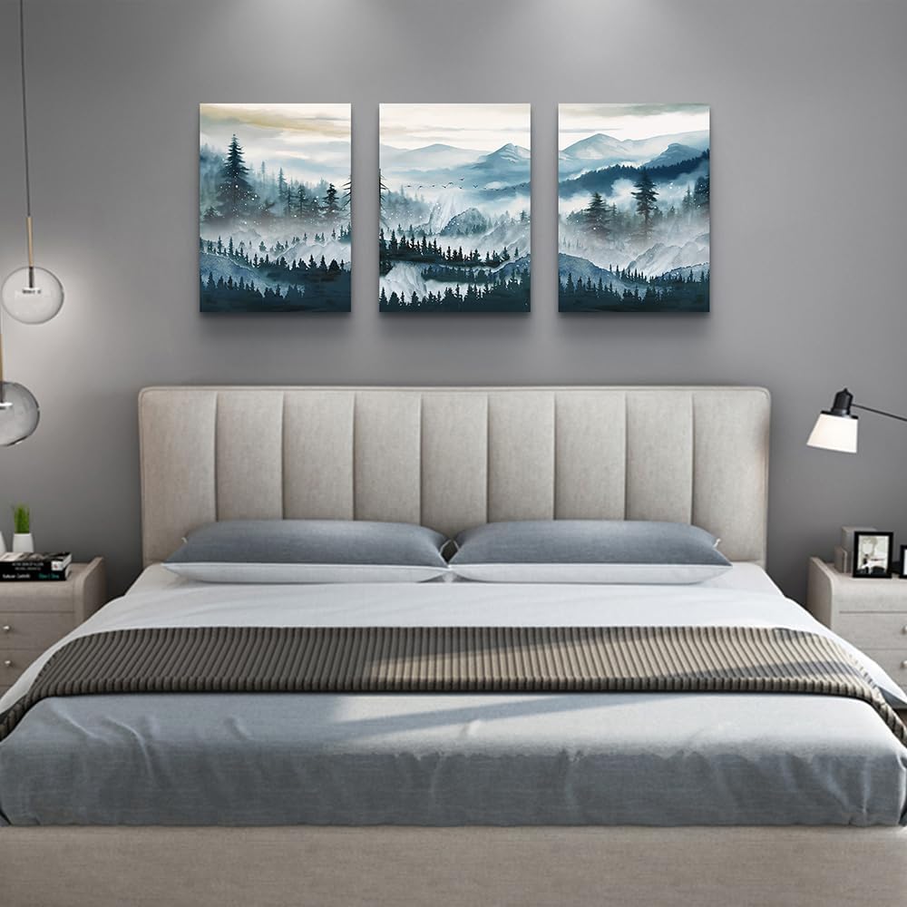 MHARTK66 Framed Wall Art For Living Room Canvas Wall Decor For Bedroom Office Decoration Fog Mountain Forest Posters Landscape Wall Painting Print Pictures Artworks Ready to Hang Home Decor 3 Piece
