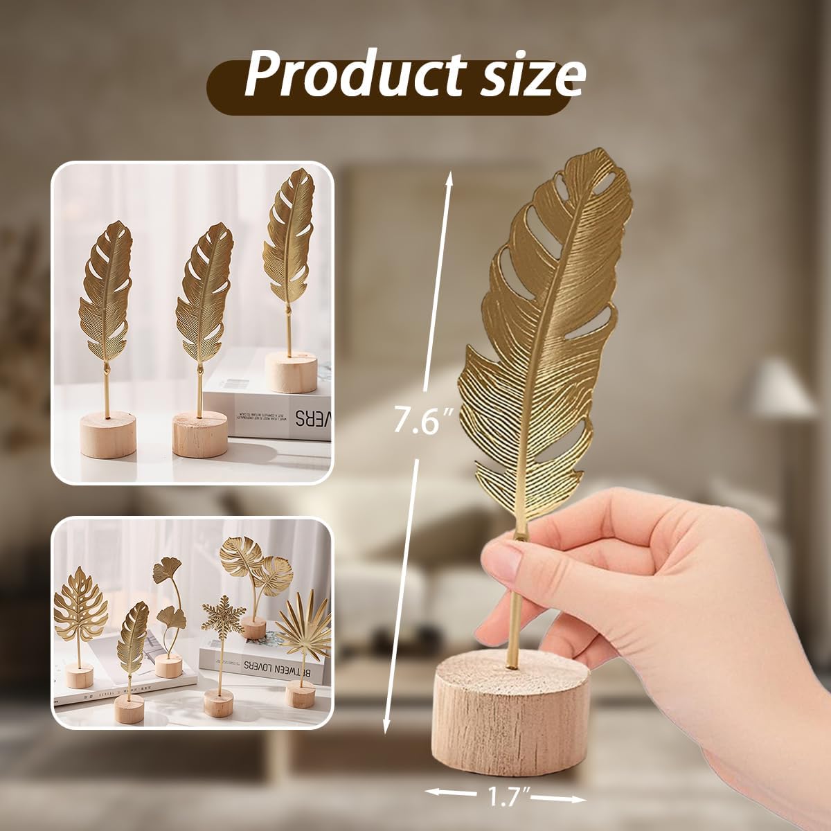 Gold Leaf Home Decor Set - Metal Leaves Statues, Modern Artistic Sculptures for Living Room, Office, Shelf & Home Decorative, Handmade 3D Botanical Accents (Monstera, Feather, Ginkgo, 3PCS)