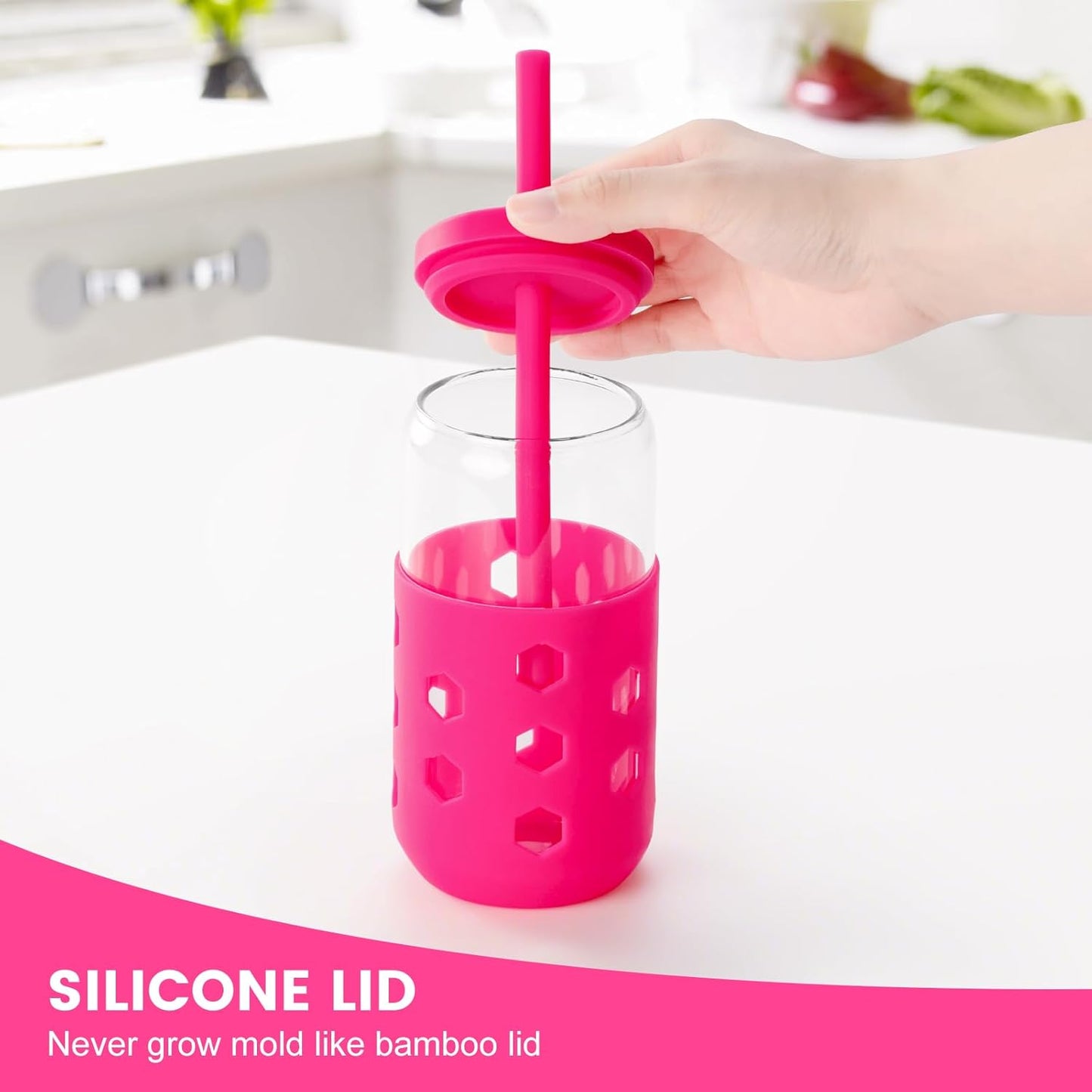 Glass Cups with Silicone Lids and Straws (4 Pcs), 16oz Drinking Glasses Set with Silicone Sleeves for Coffee Bar Accessories Iced Coffee Cups with Lids, Glass Tumbler Reusable for Gifts