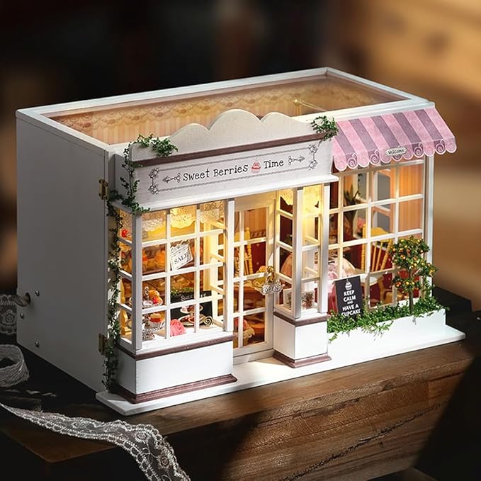 TuKIIE DIY Miniature Dollhouse Kit with Furniture, 1:24 Scale Creative Room Opened & Closed Wooden Doll House Plus Dust Proof & Music Movement for Kids Teens Adults(Sweet Berries Time)