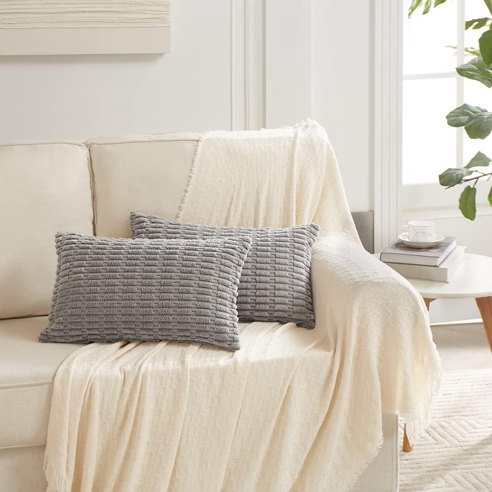 Fancy Homi 4 Packs Grey Decorative Throw Pillow Covers 12x24 Inch for Living Room Couch Bed, Rustic Modern Farmhouse Boho Home Decor, Soft Plush Corduroy Gray Cute Square Accent Cushion Case 30x60 cm