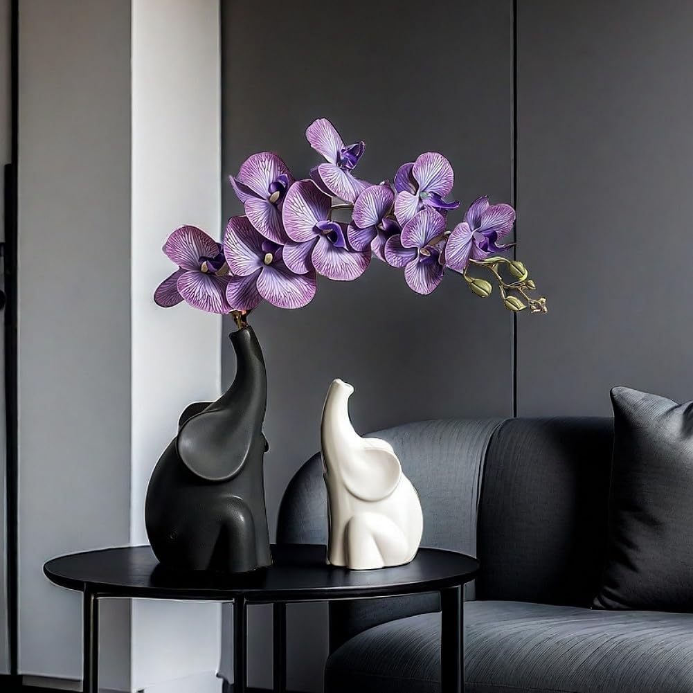 Loving Pair of Elephants,with Flower,Modern Ceramic Decor Statue,Good Luck Elephant,for Bookshelf Living Room Office Table Shelf Decorations.Gifts for Lover, Wife, Mother. (Black white purple)