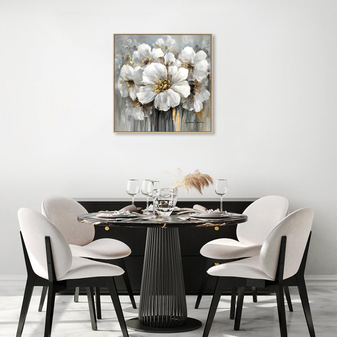 Living Room Flower Wall Art White and Gray Floral Picture with Gold on Canvas for Home Decor Framed 24" x 24", Solid Wood Frame