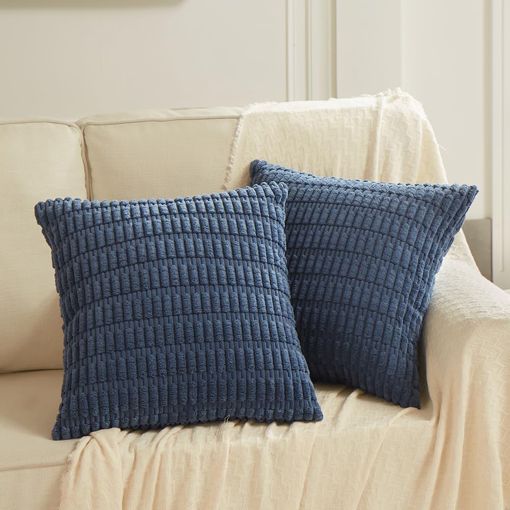 Fancy Homi 4 Packs Dusty Blue Decorative Throw Pillow Covers 16x16 Inch for Living Room Couch Bed Sofa, Rustic Farmhouse Boho Home Decor, Soft Plush Striped Corduroy Square Cushion Case 40x40 cm