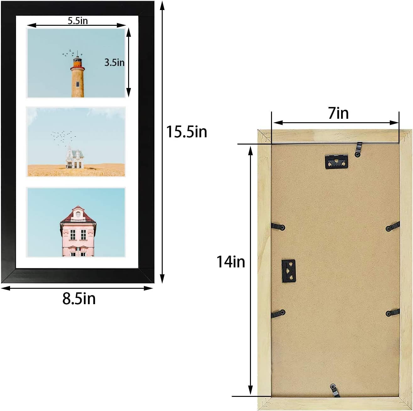Golden State Art, Set of 2, 7x14 Black Photo Wood Collage Frame with Mat Displays (3) 4"x6" Pictures