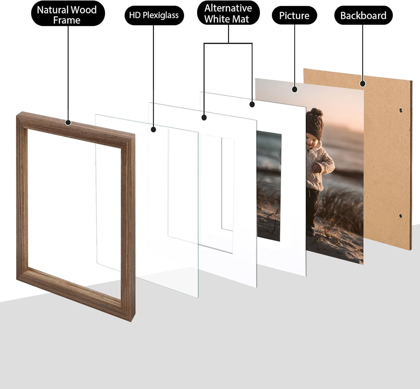 KINLINK 8x8 Picture Frame, Brown Square Solid Wood Frames for Pictures 4x4 and 6x6 with Mat or 8x8 without Mat, Wall and Tabletop Display Photo Frames Brown Wood 4 Pack