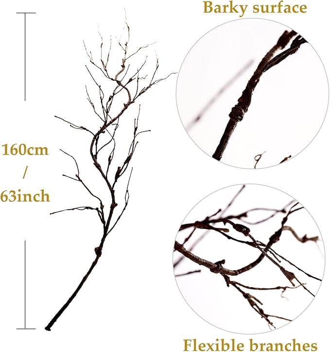 4pcs 63inch Realistic Artificial Bendable Tree Branches Crafts 3D Wall Decor Cherry Blossom Fake Trees Limbs Trunk Hanging Grape Vines Garland for Room Home Garden X'Mas Halloween Party Decoration