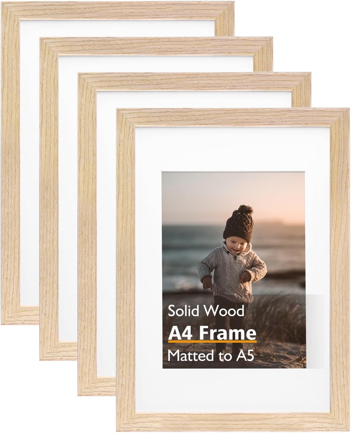 KINLINK A4 Picture Frame Natural, Solid Wood Frames with Acrylic Plexiglass for Pictures A5 with Mat or A4 without Mat, Tabletop and Wall Display Photo Frame, Set of 4