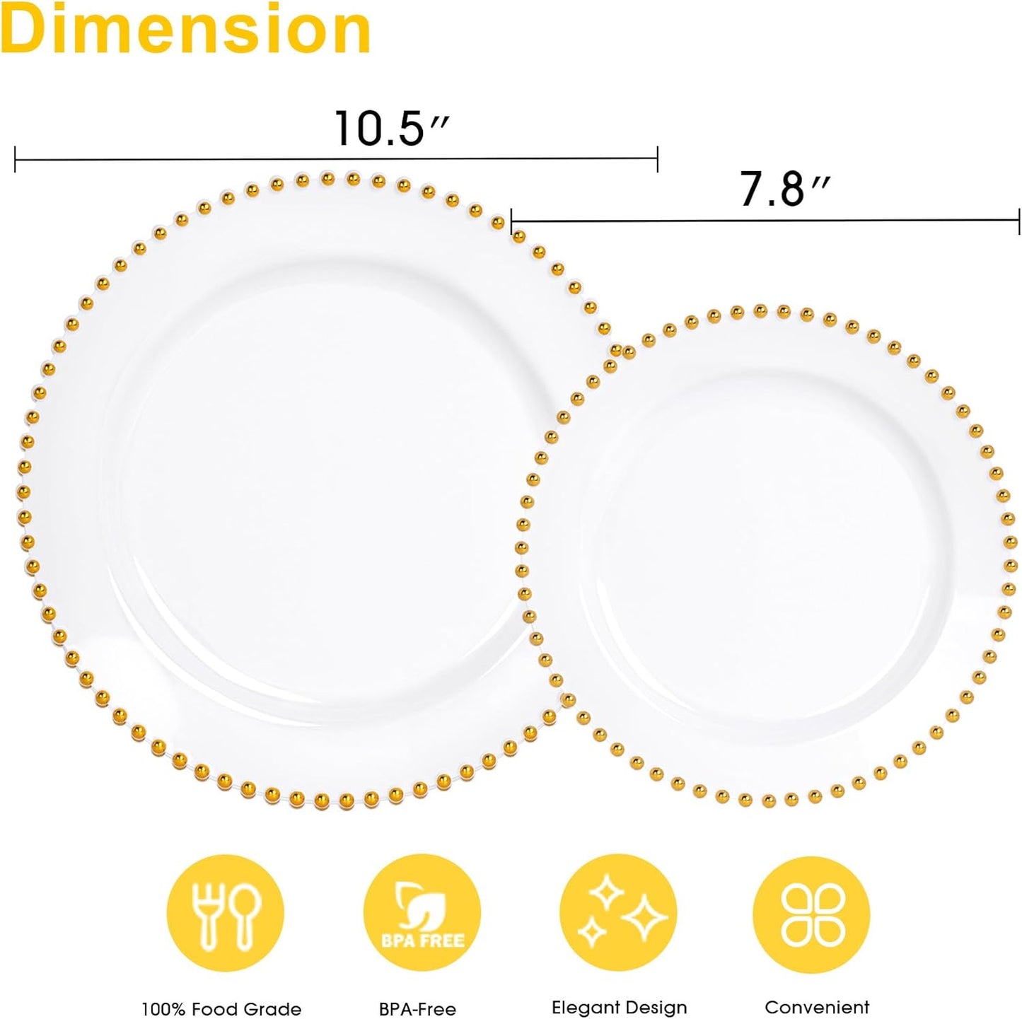 HOMIP 75Pcs Gold Plastic Dinnerware Set - Pearl-Beaded Rim Plates & Baroque Forks, Spoons, Knives, Perfect for Elegant Wedding, Banquet & Party