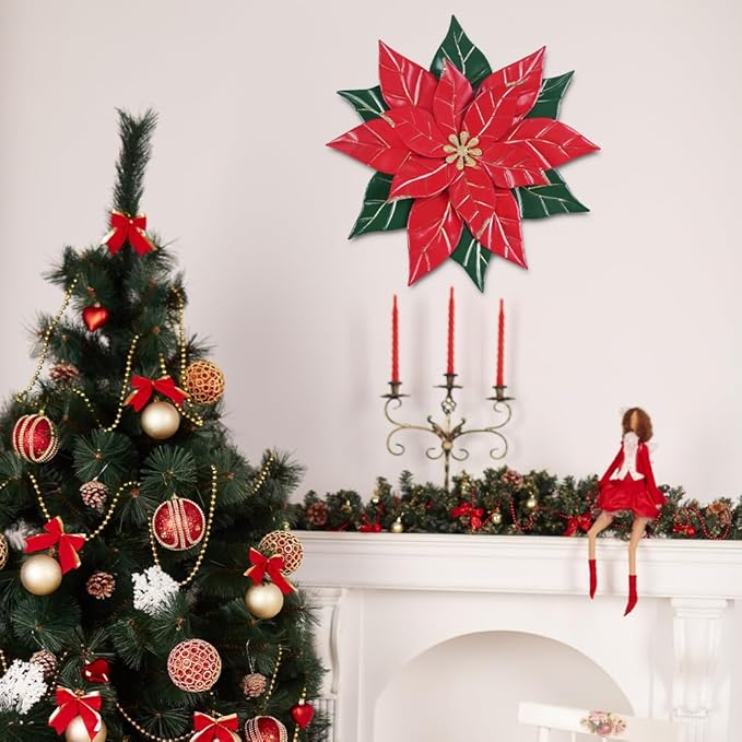 YEAHOME Chrismas Wall Decorations Indoor - 16 inch Metal Flower Wall Art Decor, Poinsettia Yard Garden Decor Hanging for Kitchen, Bathroom, Bedroom, Handmade Gift for Home, Indoor or Outdoor