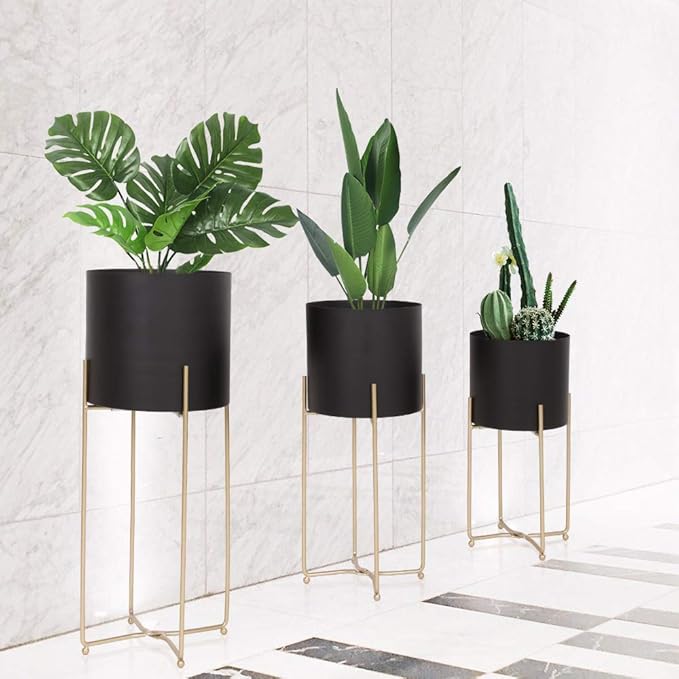 Sinolodo Mid Century Planter with Gold Plant Stand, 3 pcs Modern Planters for Indoor Plants, Metal Floor Planter Set with Foldable Stand(Pack of 3)