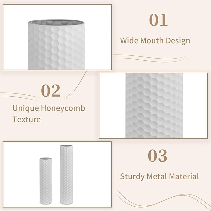 Sziqiqi White Tall Vases for Floor: 27.6/21.7in Metal Cylinder Handmade Flower Holder Extra Large Decorative Vase Set of 2 Modern Honeycomb Texture Big Standing Vase for Living Room Home Corner