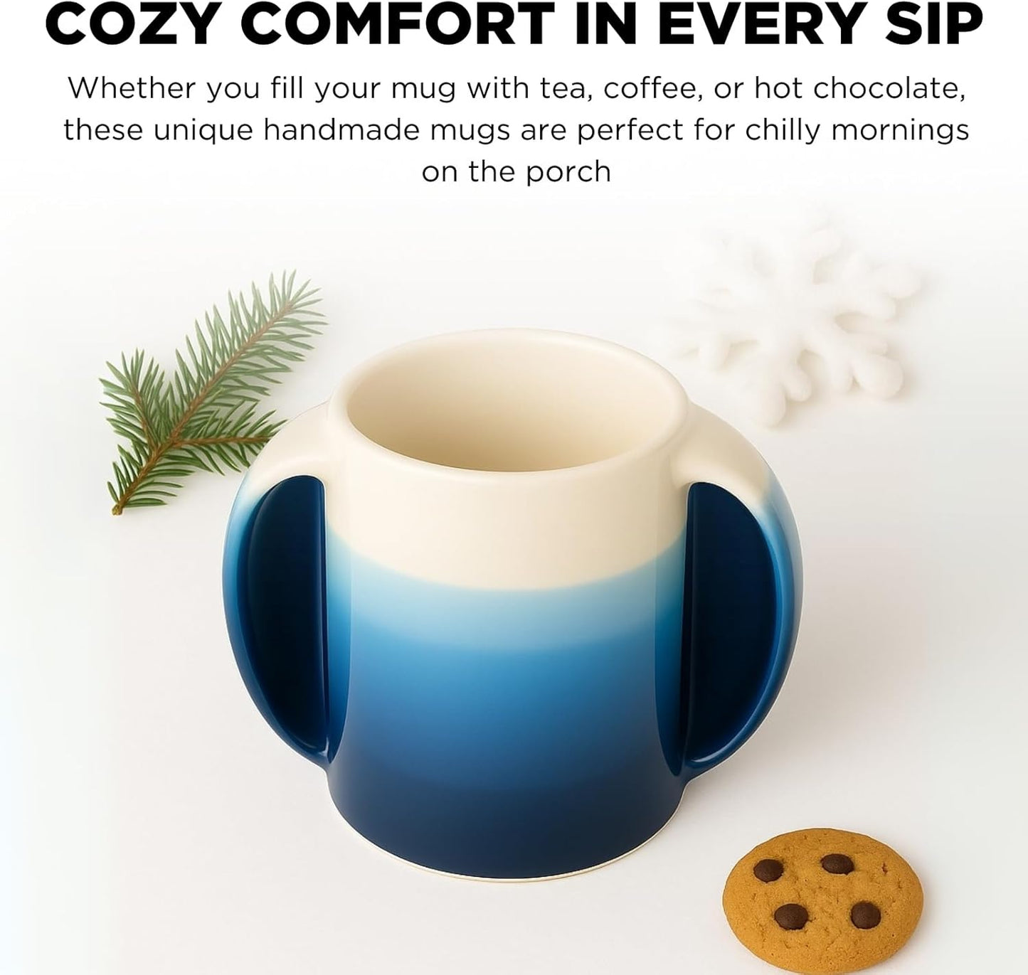 Double Hand Warmer Mug, Handmade Pottery - Handwarmer Contoured Pockets for Both Hands will Hold Warmth From The Heat Of Your Drink To Keep Your Fingers Warm, Comfy Blue - Perfect Winter Gift!