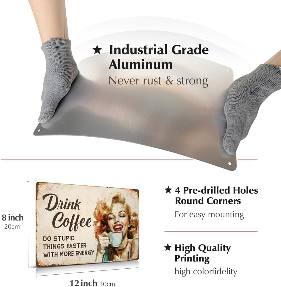 Funny Vintage Home Office Coffee Bar Decor - Drink Coffee Do Stupid Things Metal Tin Sign 12"x8"