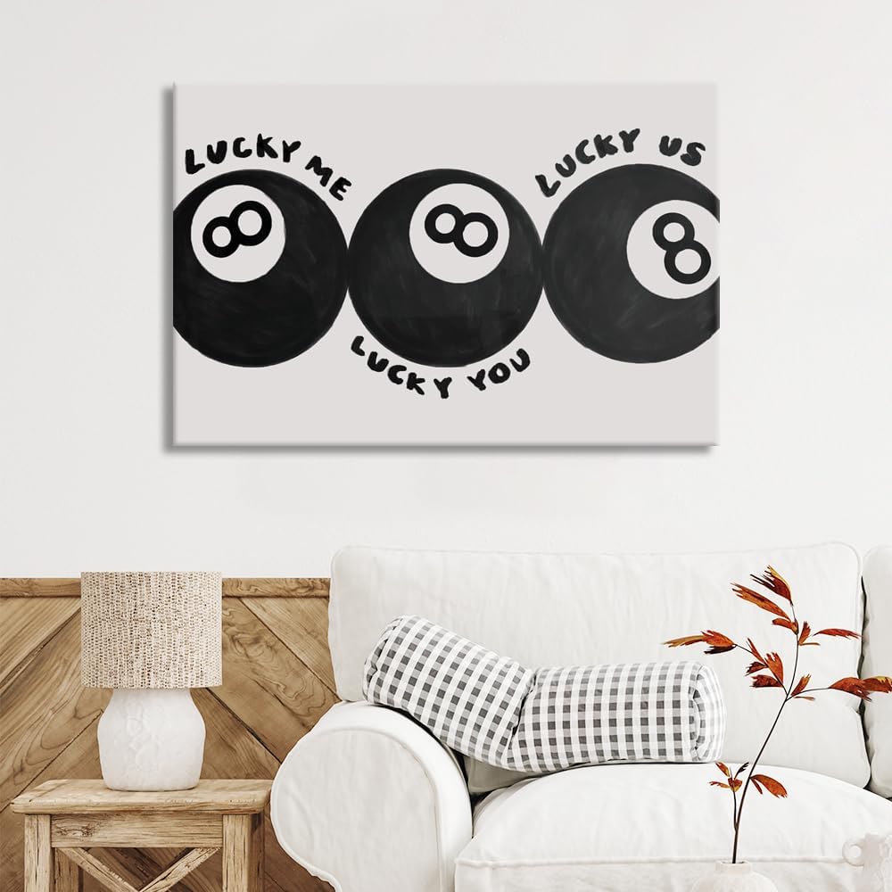 Lucky Me Lucky You Lucky Us Quote Cool Canvas Wall Art Vintage Black 8 Balls Poster Playful Billiards Print Paintings Trendy Aesthetic Pictures Decor for Home Game Room Bar Cart 24x36inch Framed