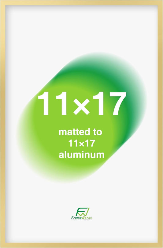 FrameWorks 11x17 Picture Frame – Aluminum Frame w/Tempered Glass, Durable and Stylish Wall Frame for Posters, Photos, Art, Home Decor, Gallery Walls, Office, Living Room - Gold