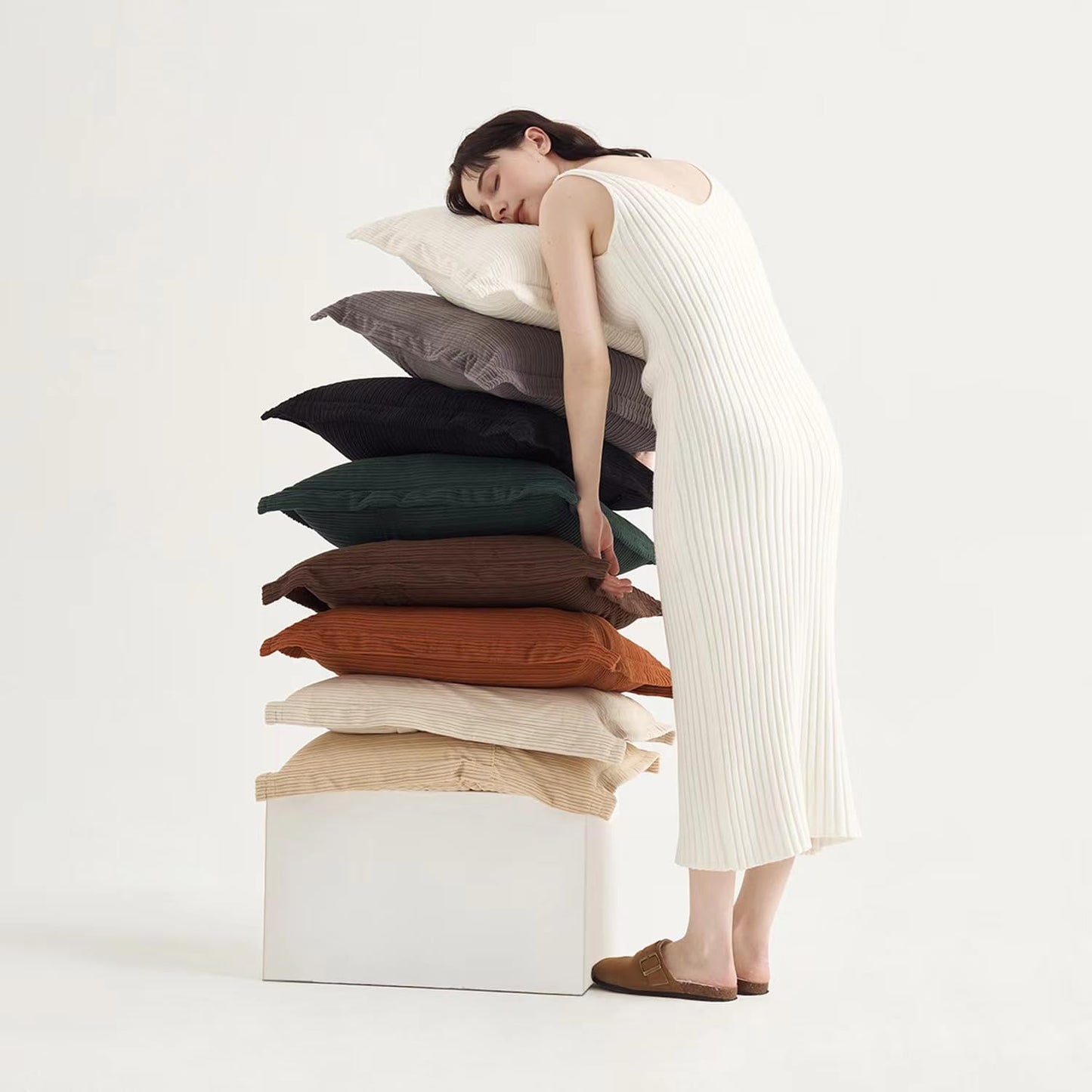 Classic Vintage Decorative Corduroy Large Throw Pillow Covers 24x24inch, Set of 3 Striped Big Pillow Cases for Sofa Couch Bedroom Living Room,Soft Cushions（Dark Brown, Black & White）