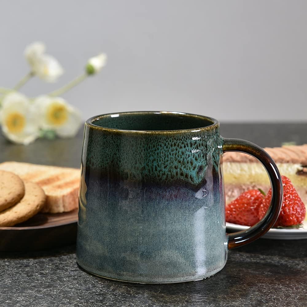Large Ceramic Coffee Mug, Pottery Mug,Tea Cup for Office and Home,Handmade Pottery Coffee Mugs,16.5 Oz,Dishwasher and Microwave Safe,kiln altered glaze craft (Dark Green)