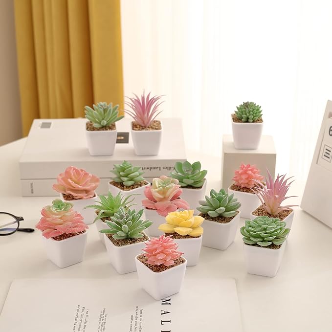 Tiita 24 Set Artificial Faux Succulents in Pots Fake Plants Plastic Arrangement Planter Small Mini Tiny Decoration for Home Office Desk Window Sill Bathroom Bedroom Outdoor Indoor