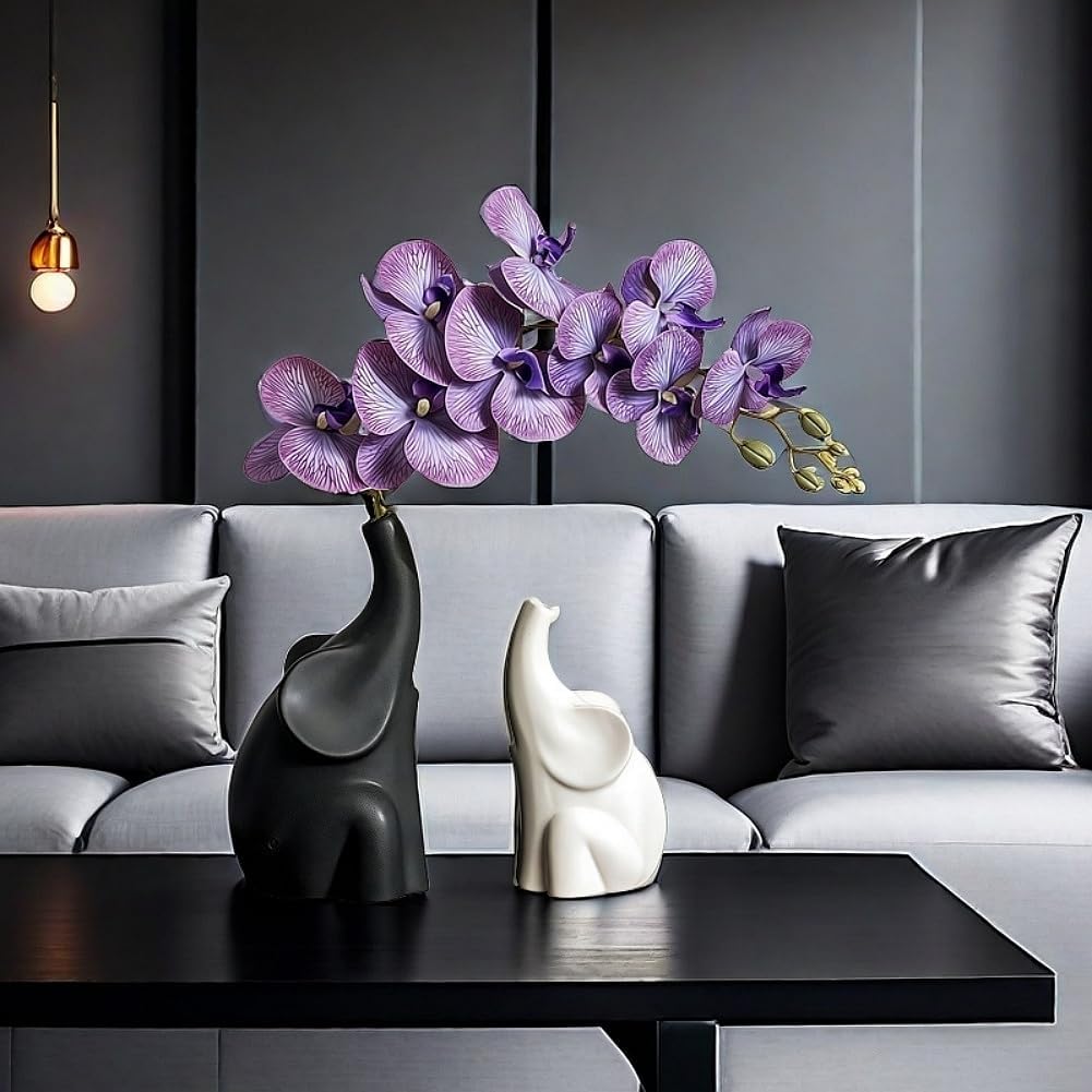 Loving Pair of Elephants,with Flower,Modern Ceramic Decor Statue,Good Luck Elephant,for Bookshelf Living Room Office Table Shelf Decorations.Gifts for Lover, Wife, Mother. (Black white purple)