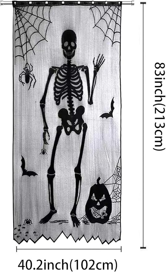 Jayla Halloween Skull Door Curtain, Black Halloween Lace Window Curtain, Ornament Bat Curtain for Halloween Party Haunted House Decoration, 102x213cm/40x84 inch