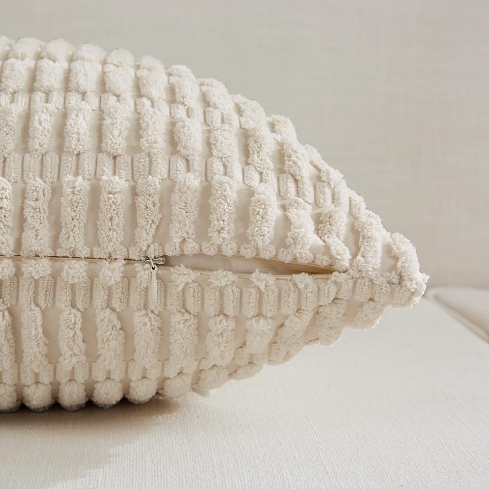 Fancy Homi 4 Packs Boho Cream Decorative Throw Pillow Covers 16x16 Inch for Living Room Couch Bed Sofa, Rustic Modern Farmhouse Home Decor, Soft Plush Corduroy Beige Cute Square Cushion Case 40x40 cm