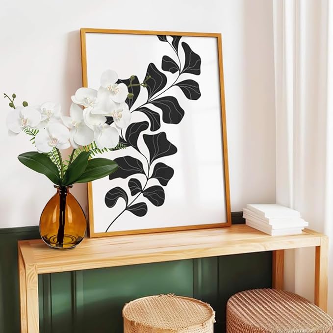 White Orchids Artificial Flowers, Faux Orchid in Glass Vase Real Touch Small Phalaenopsis Orchid Flowers Arrangements with Amber Vase Orchid Centerpiece for Dining Room Table