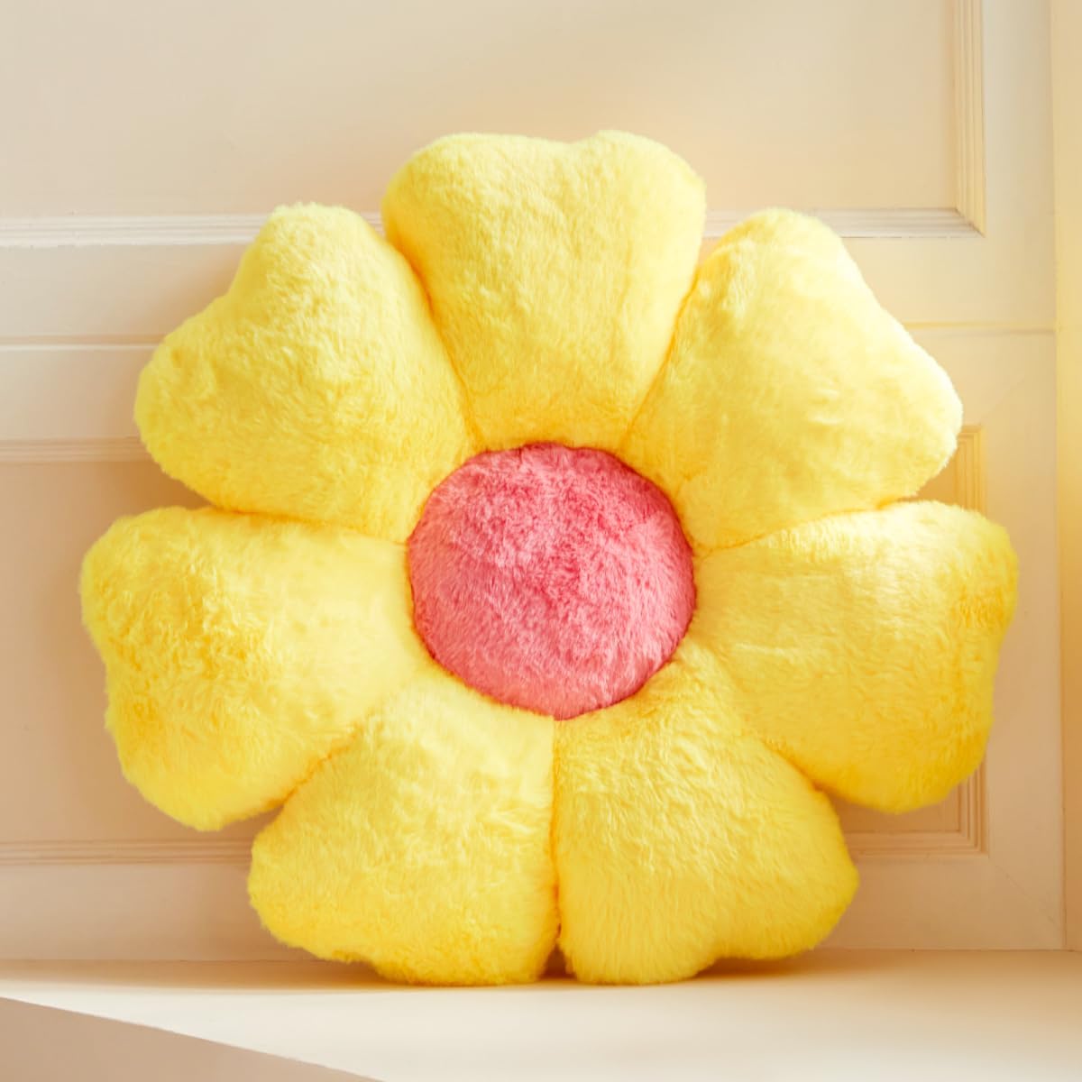 Flower Pillow, Yellow Daisy Flower Decorative Pillows for Bed, Cute 19.6" Flower Shaped Pillow with Soft Faux Rabbit Fur Dorm Home Decor Floor Seating Cushion