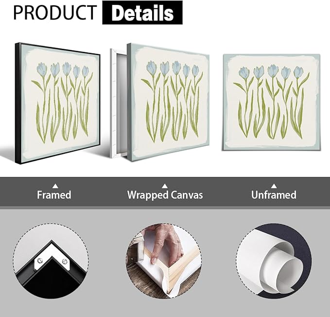 Tulip Flower Canvas Wall Art, Blue and Green Floral Aesthetic Poster, Watercolor Chinoiserie Art Print, Modern Southern Grandmillennial Botanical Picture Painting for Wall 16x16in Unframed