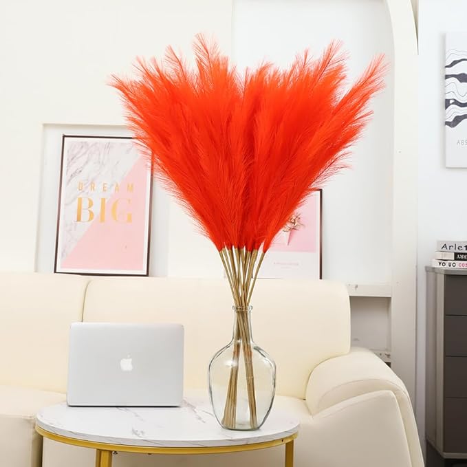 38" 10 Stems Orange Pampas Grass Decor - Tall Faux Pampas Grass for Floor Vase Fluffy Artificial Pampas Grass for Boho Home Wedding Mothers Day Decoration