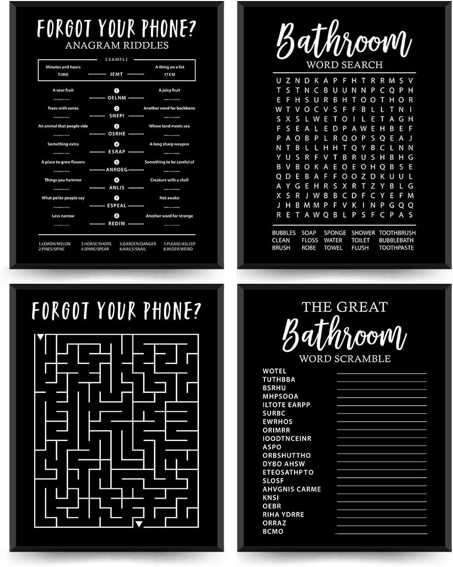 ETVISO Funny Bathroom Black Decor Wall Art Set of 4, Funny Crossword Puzzle Wall Art, Funny Forget Your Phone, Bathroom Word Search Wall Decor, 8x10 (Unframed)