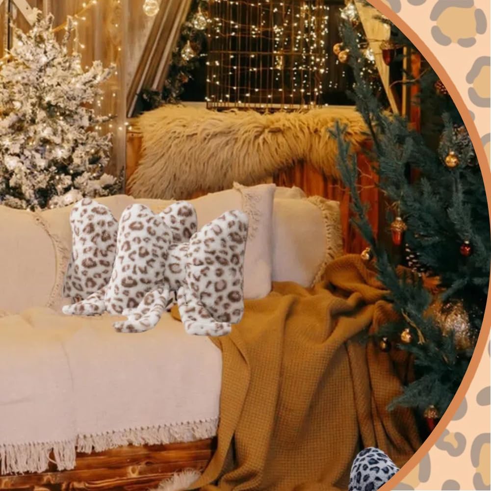 Leopard Print Bow Throw Pillows Cute Plush Pillow Stuffed Bow Backrest Cushion Home & Car Decoration