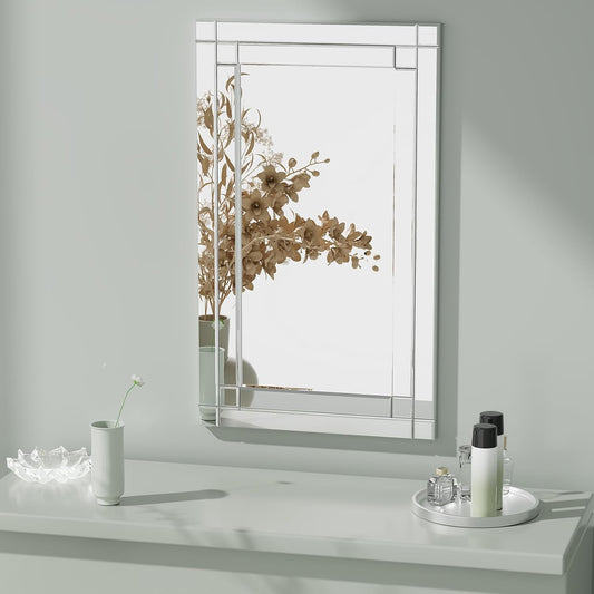 COOL2DAY 18" x 30"Frameless Rectangular Wall Mirror,Polished Beveled Edge Decorative Mirrors Modern Wall Decor Mirrors Silver Wall Mirror for Bathroom Vanity, Entryway and Living Room